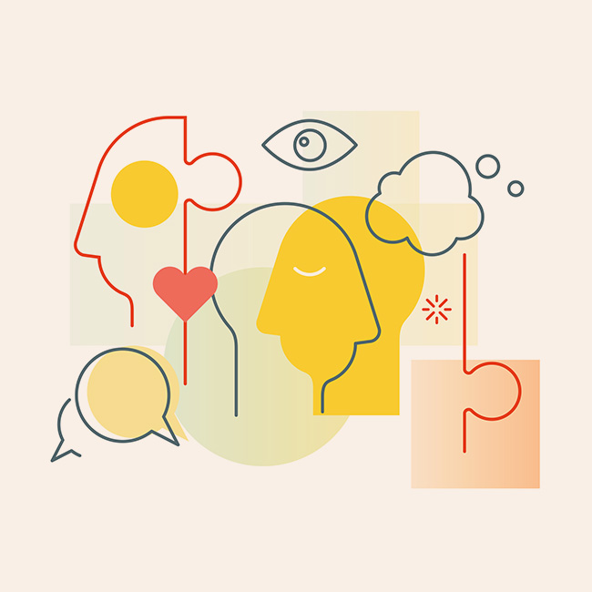 Abstract illustrated images of heads and thoughts