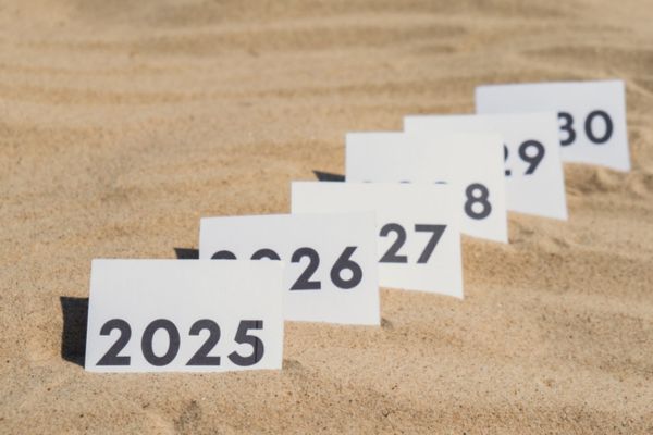 Paper cards with numbers of years from 2025 to 2030 in a row.