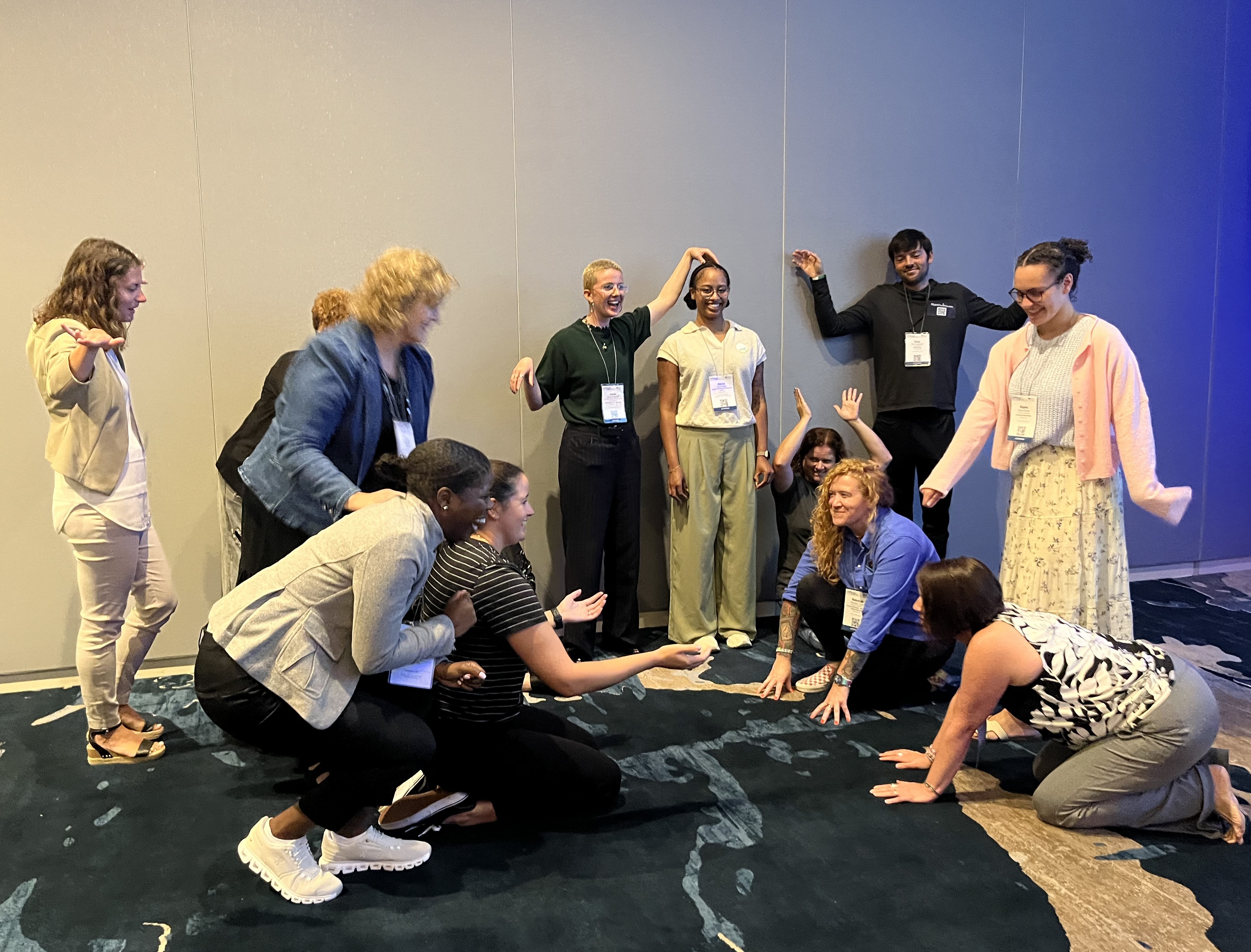 Group of Annual Wellness Summit attendees learning how to collaborate and communicate through improvisational exercises.