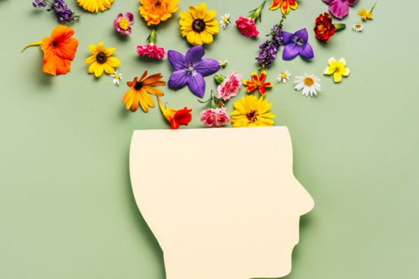 Silhouette of a person's head with wildflowers flowing out of the top.