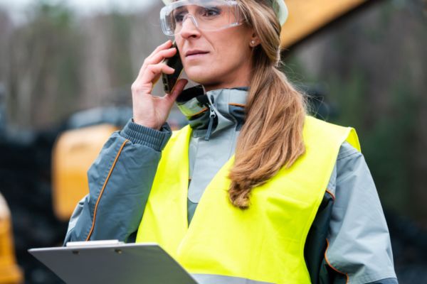 Woman on a construction site wearing a safety best, glasses, and hard hat.
