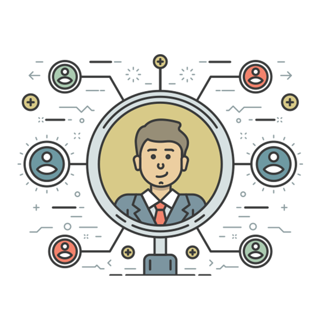 Illustration of a man's picture connected to a bunch of other users/profiles