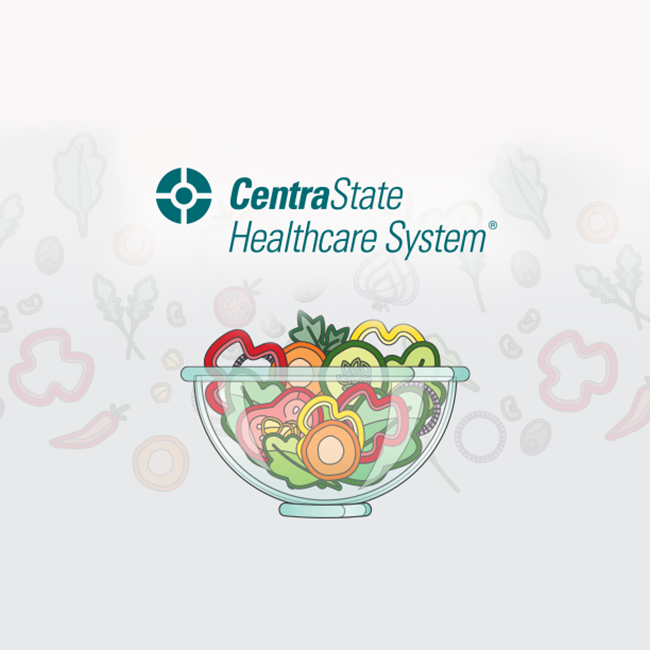 CentraState Healthcare System logo, along with an illustration of a salad bowl holding vegetable icons