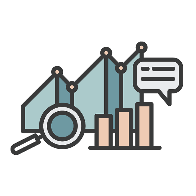 Illustration of a magnifying glass, graphs, and a chat bubble