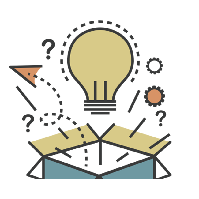 Illustration of a lightbulb coming out of a box with other smaller icons