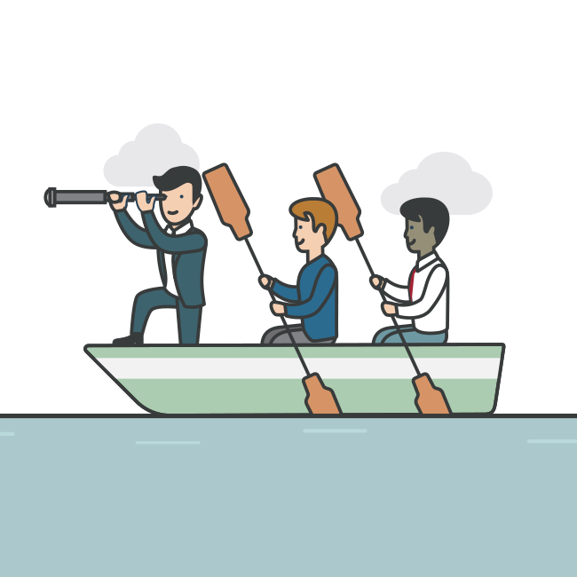 Illustration of three men in a row boat, with the one in front looking out with a telescope