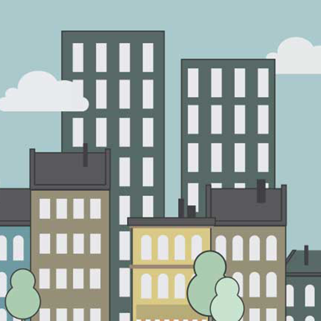 Illustrated tall buildings and trees