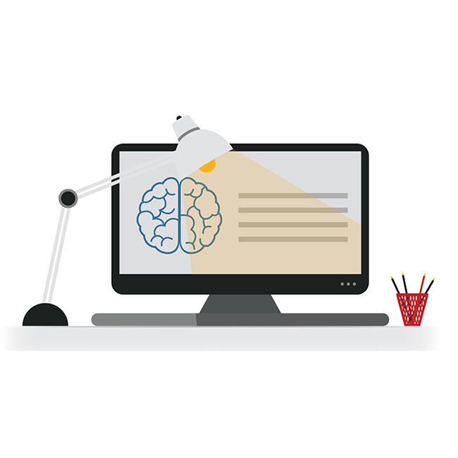 Illustration of a lamp light shining on a computer screen displaying a brain