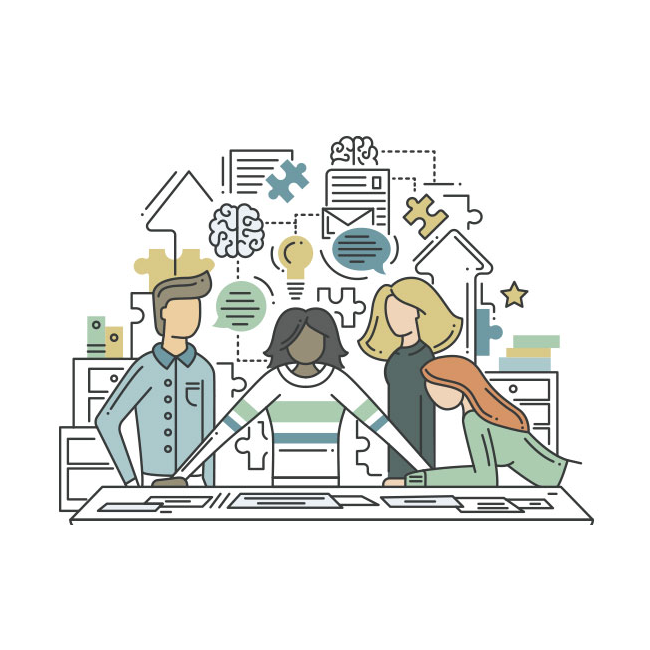 Illustration of a group of people looking over documents on a table, with puzzle solving icons in the background