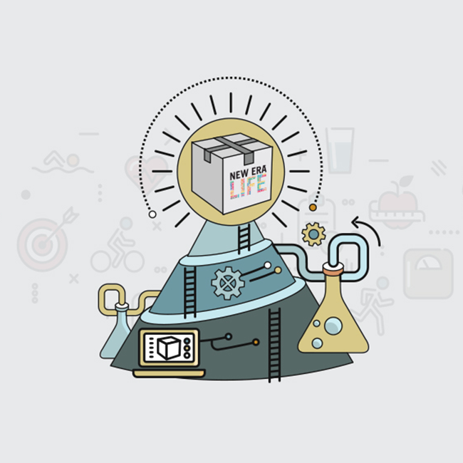 Illustration of a New Era Life machine with beakers and ladders
