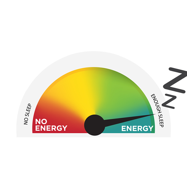 Illustration of an energy gauge, with the pointer at energy/enough sleep