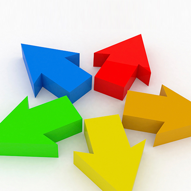 Five different colored arrows all pointing in different directions