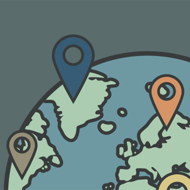 Illustration of globe with various location pins