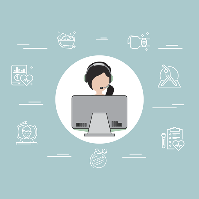 Illustration of a woman with headset and laptop, surrounded by wellness icons