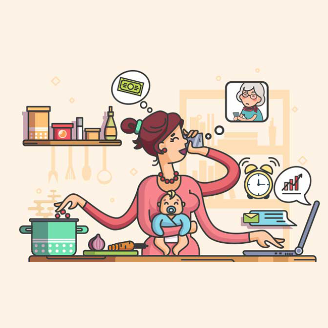 Illustration of a woman multitasking while holding a baby