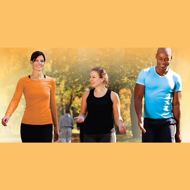 Three people conversing while walking/exercising